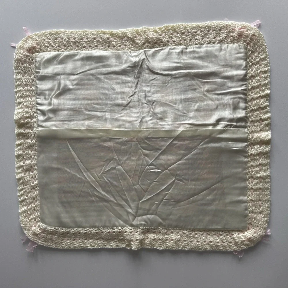 Vintage Cream Pastel Crochet Satin Weave Trim Baby Blanket Approx  25
